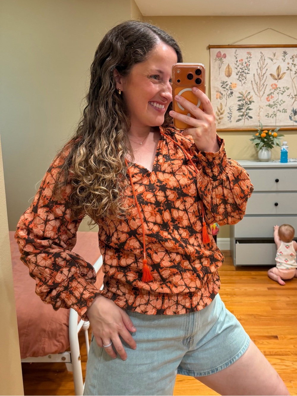 Anthropologie Cotton Orange & Black Tie-Dye Pullover Blouse Top Small - Picture 3 of 12